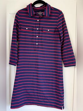 Vineyard Vines Navy and Pink Striped Long Sleeve Polo Dress